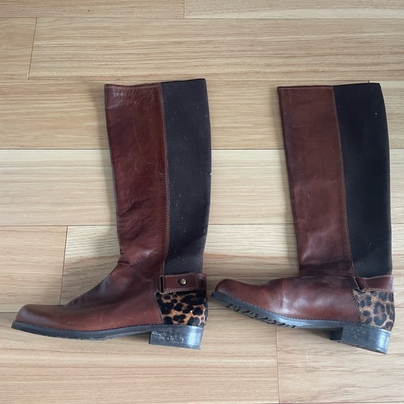 Stuart Weitzman Leather and Leopard Heal Knee High Boots Brown - Picture 1 of 9